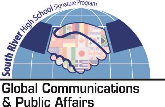 South River Signature Global Communications & Public Affairs- half globe with image of a handshake.National flags on hands. 
